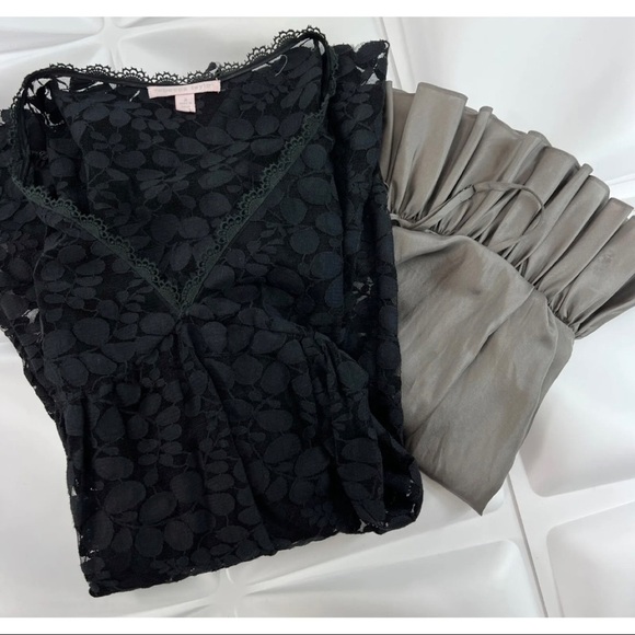 Rebecca Taylor Sz 2 Black Lace V Neck Bell Sleeve Exposed Pleated Slip xs Dress - Picture 12 of 13